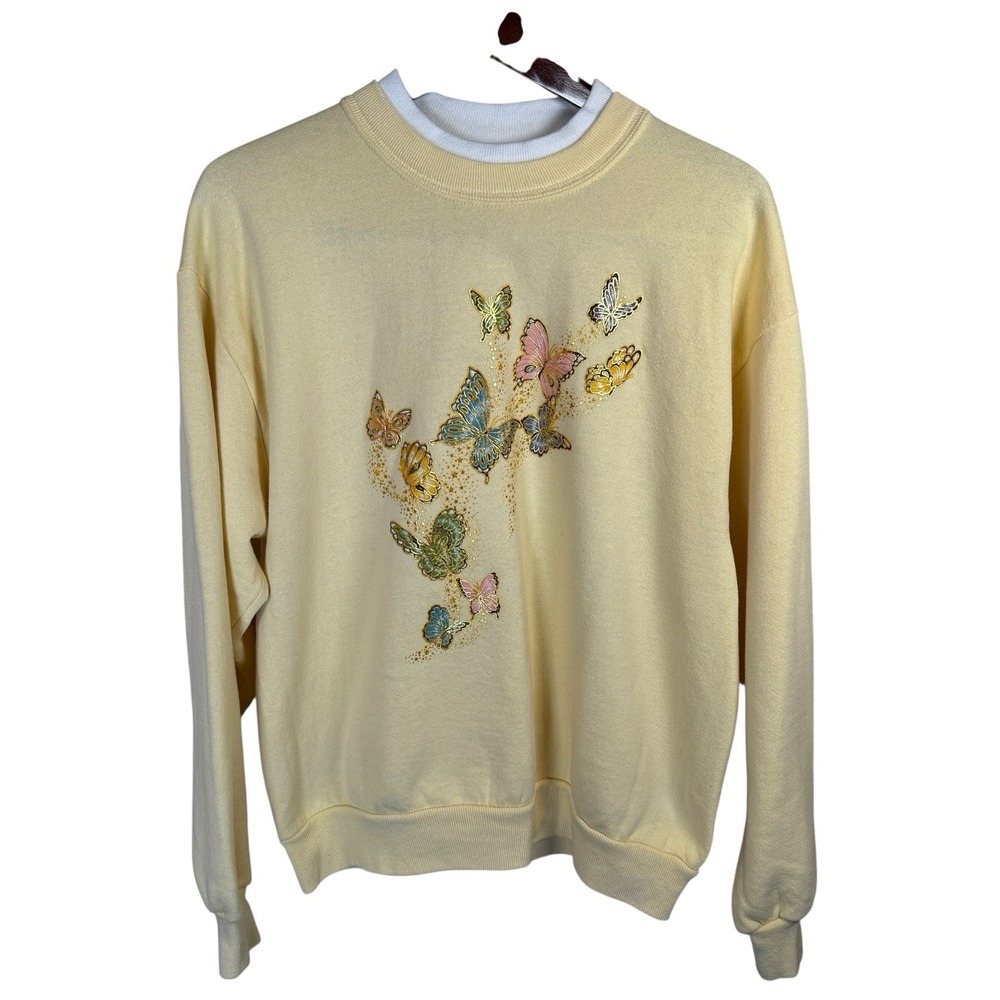VTG 90s Whim Z  Butter Yellow Butterfly Sz Med Grandma Sweatshirt Grannycore USA